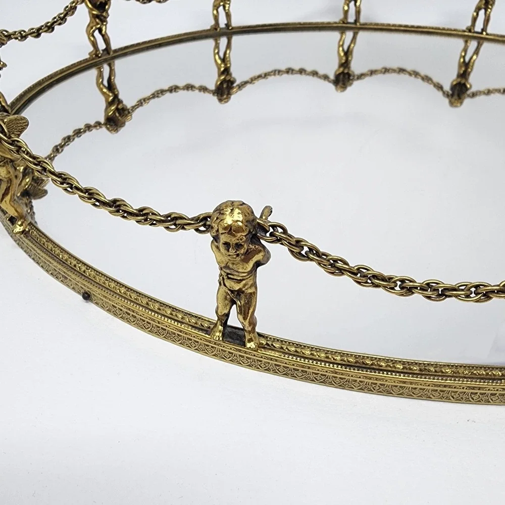 Vtg Globe 24K Gold Plated 12-Cherub Mirrored Vanity Tray Oval Ornate Putti Chain